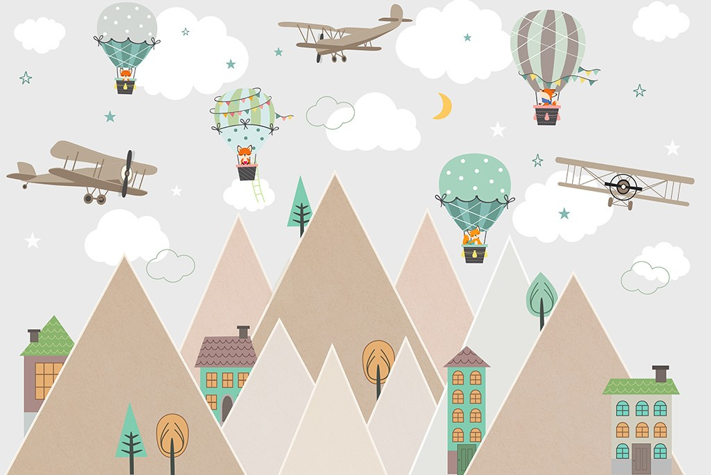 Фотообои Горы с воздушными шарами и самолетами